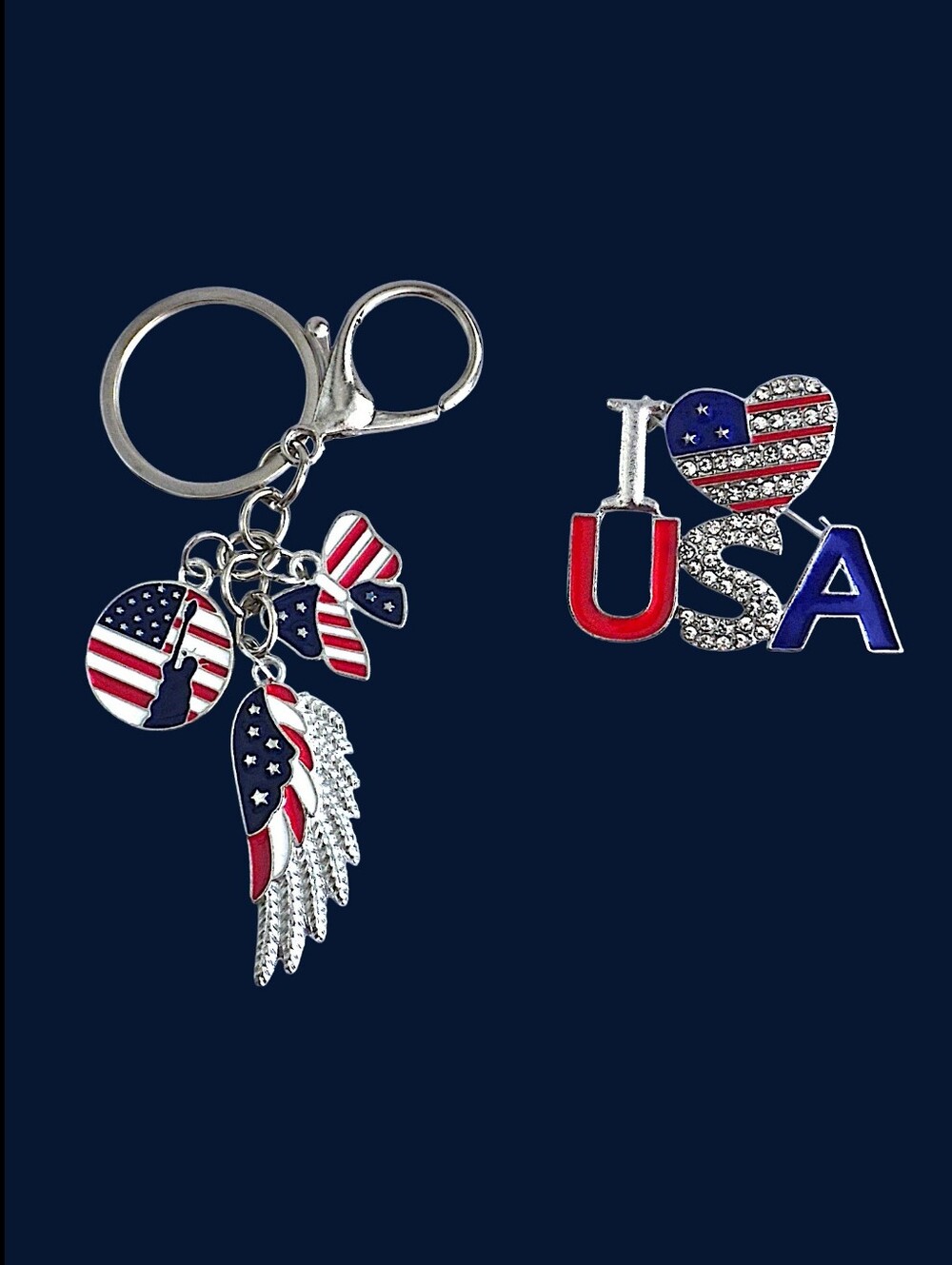 Patriotic Bag Charm / Keychain & USA Pin Set- Red White Blue & Silver